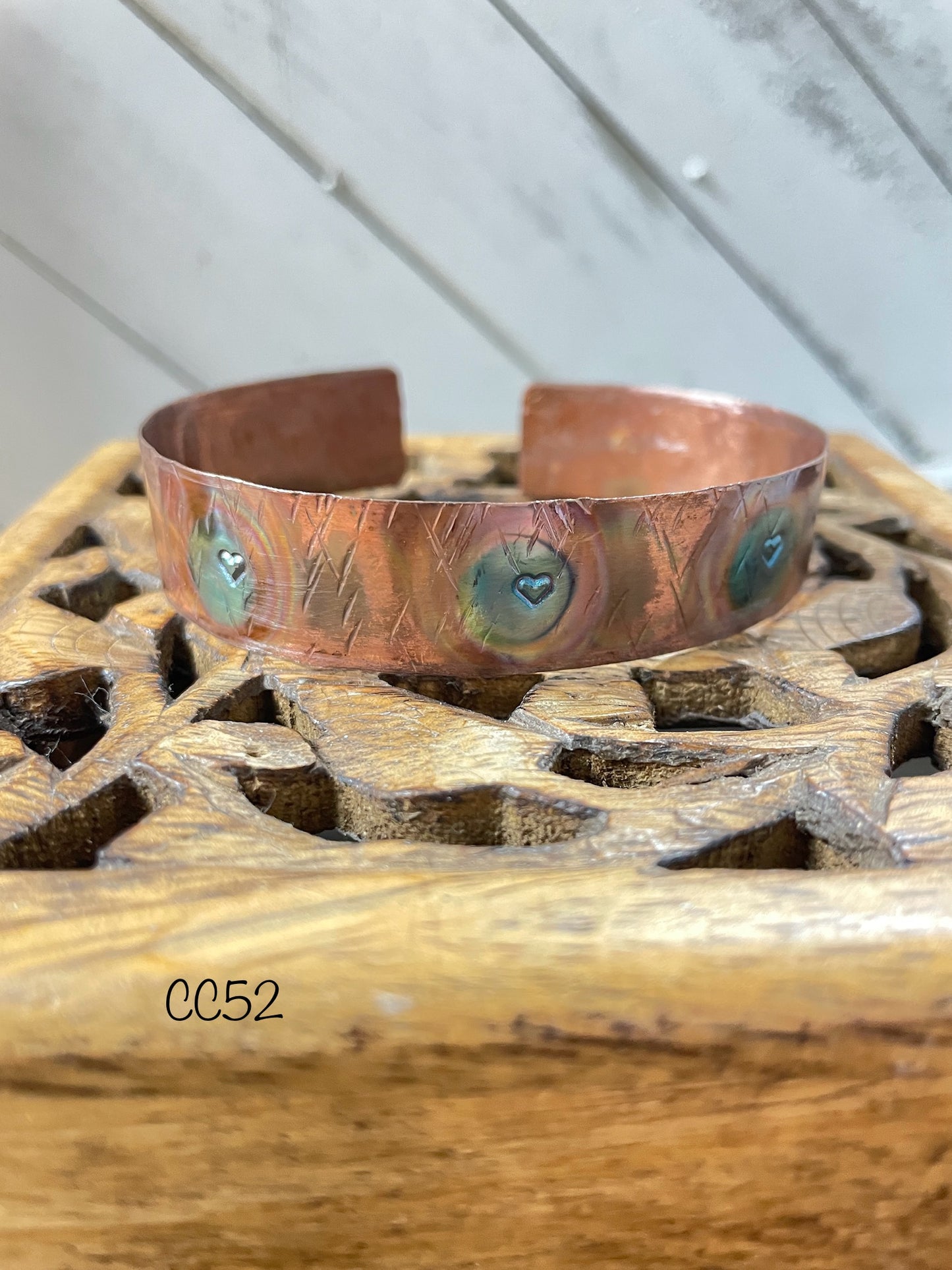 Flame Painted Copper Cuff with stamped hearts
