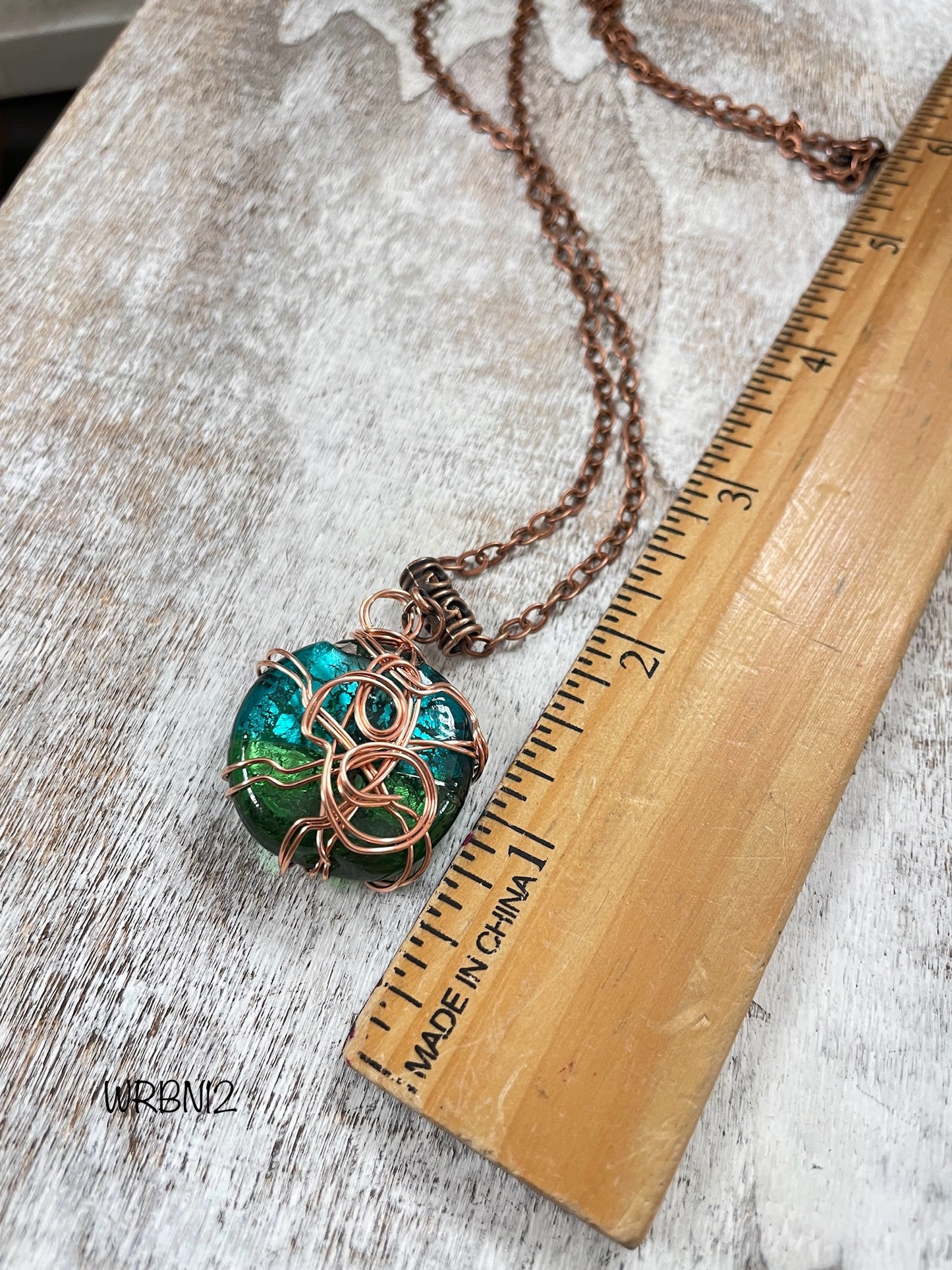 Wire Wrapped Aqua/Green Glass Bead Pendant-Cordial