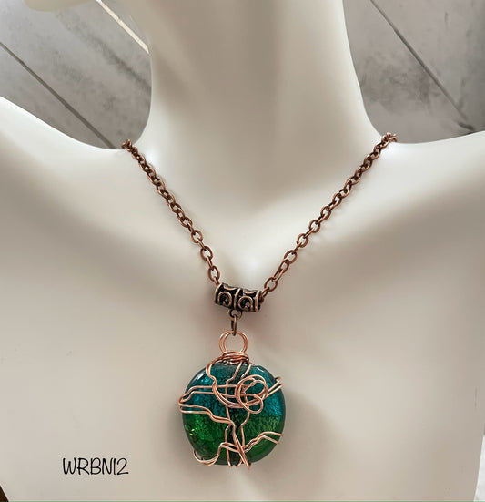 Wire Wrapped Aqua/Green Glass Bead Pendant-Cordial