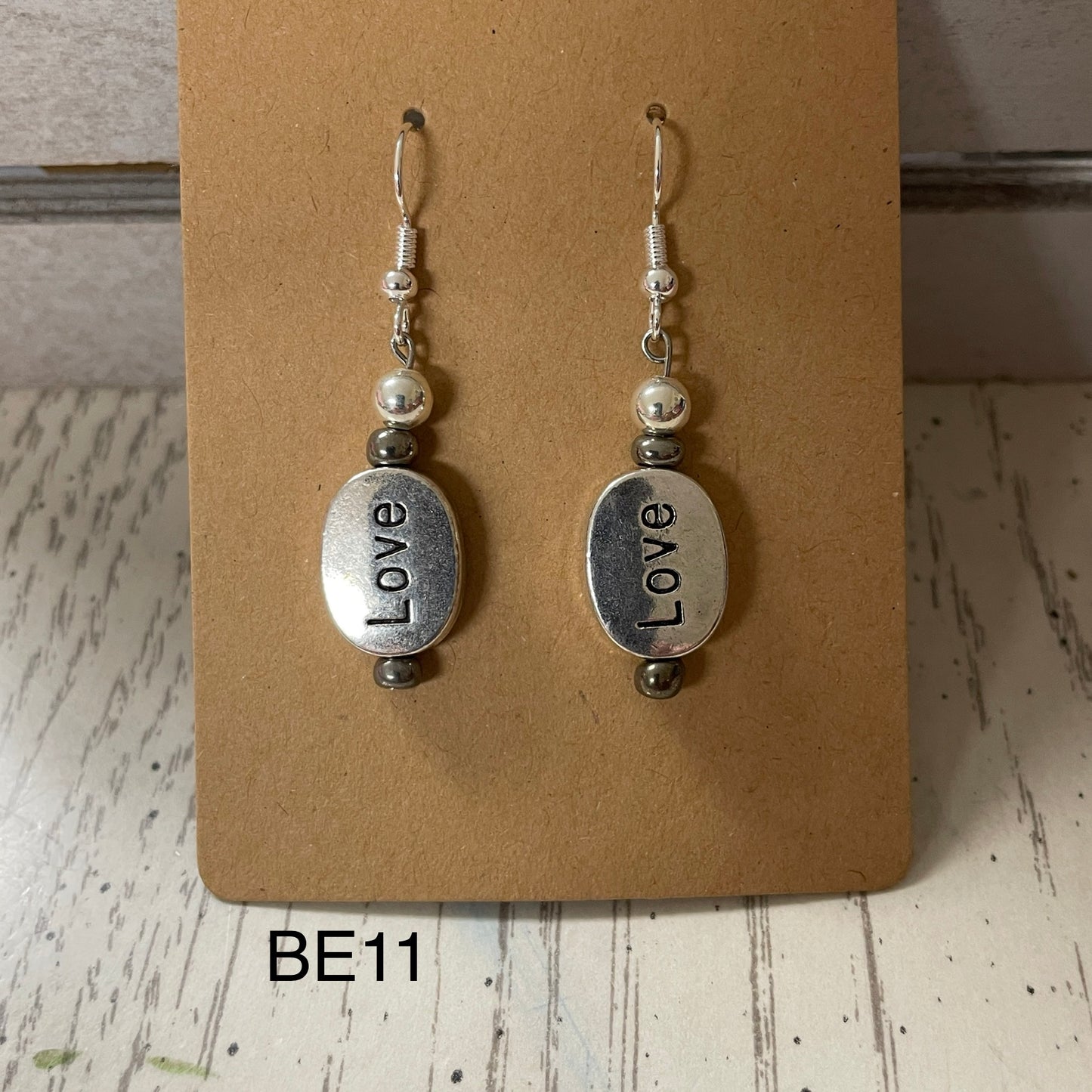 Love stamped beaded silver (color) earrings BE11