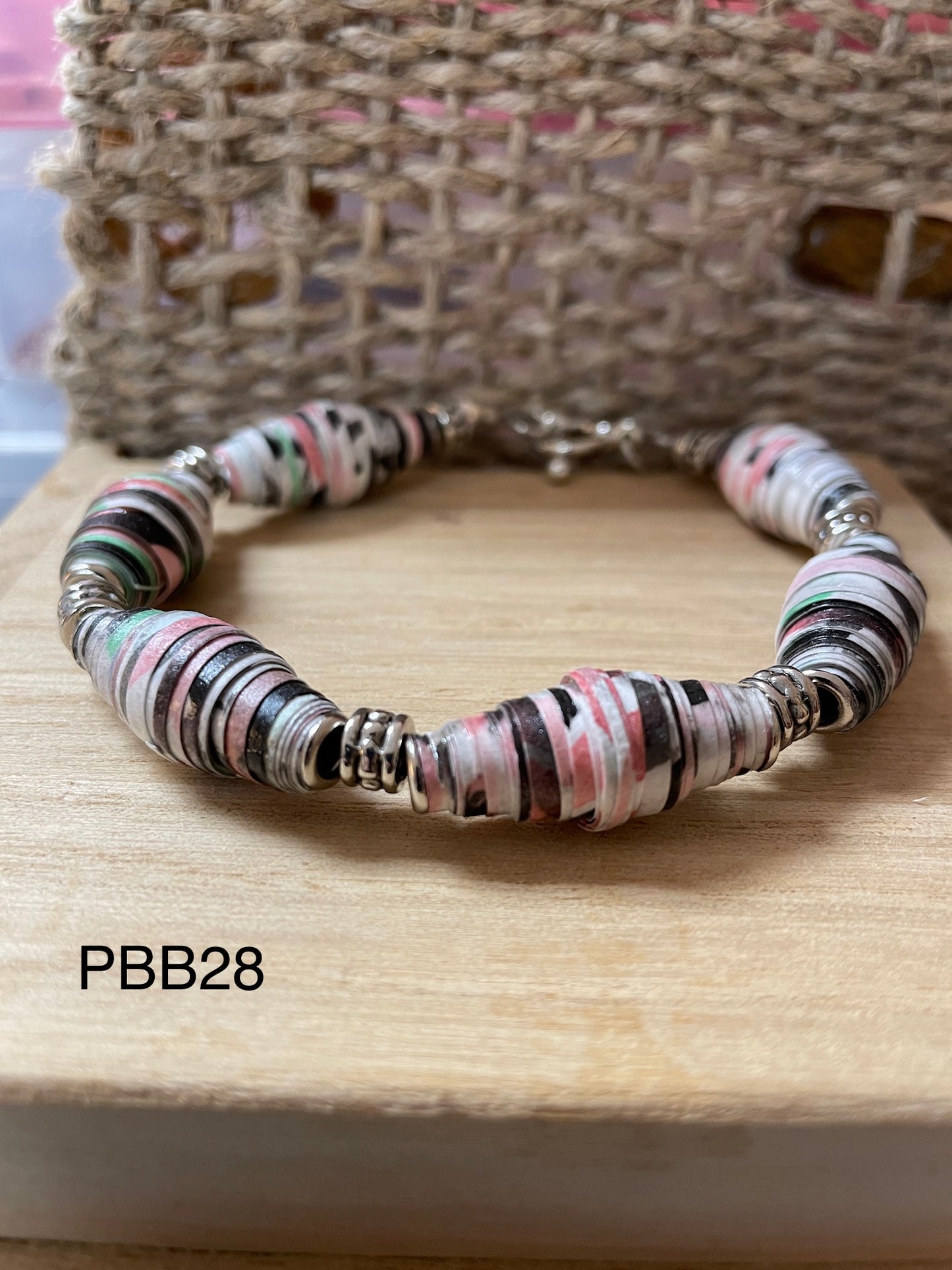 Pink & Black Watercolor Paper Bead Bracelet PPB28