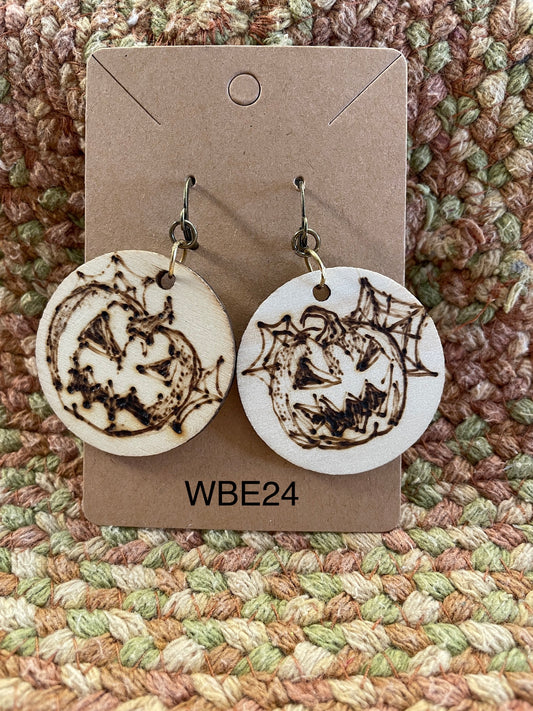Wood burned Jack-O-Lantern with web earrings WBE24