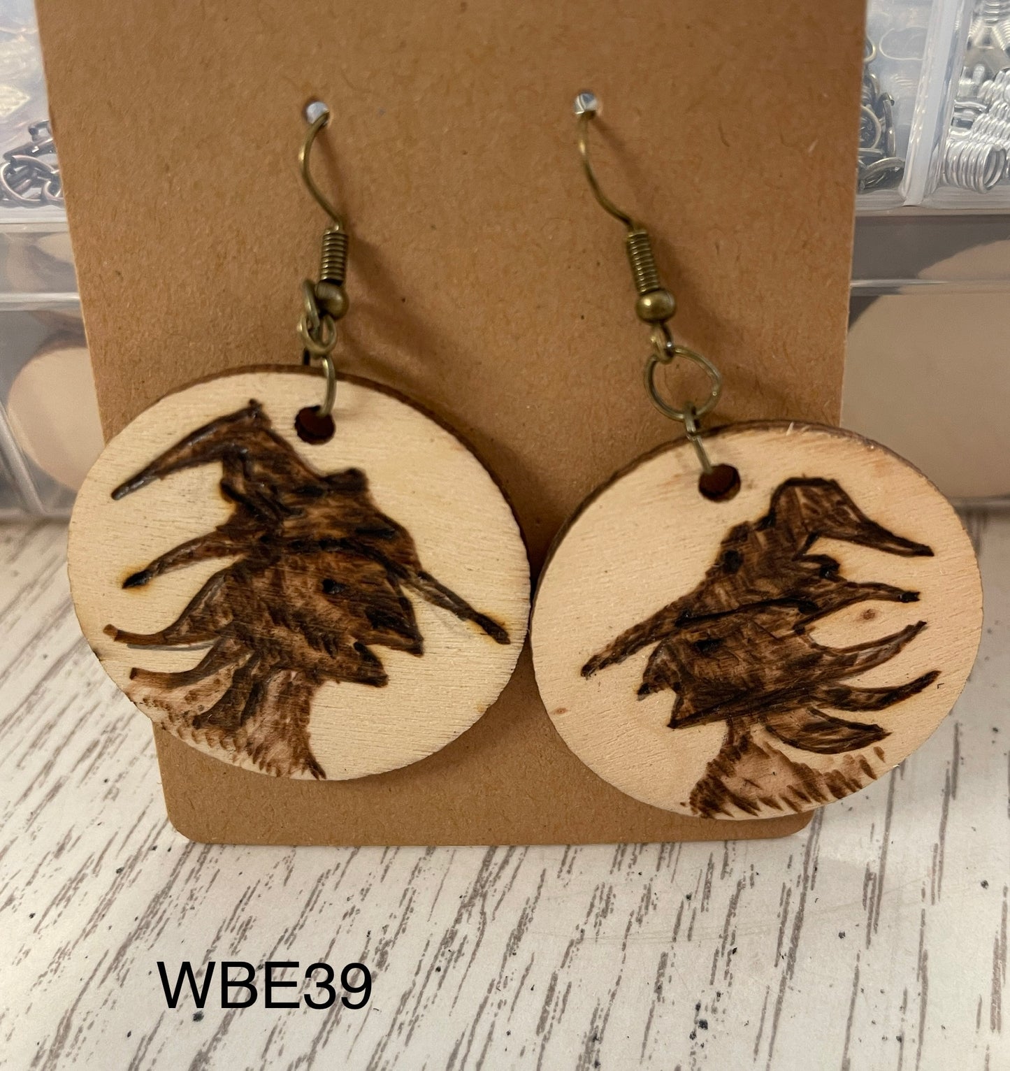 Wood burned witch silhouette earrings WB339