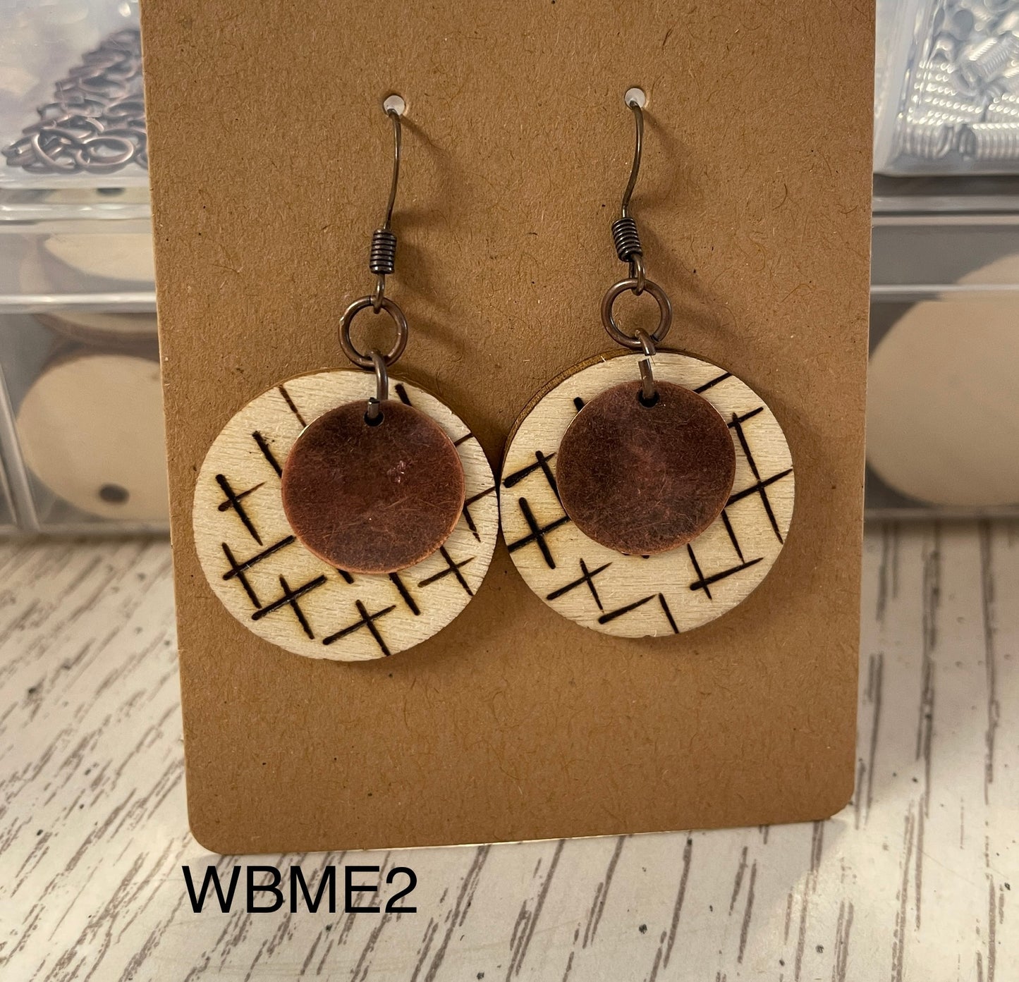 Wood burn crisscross with copper charm earrings WBME2